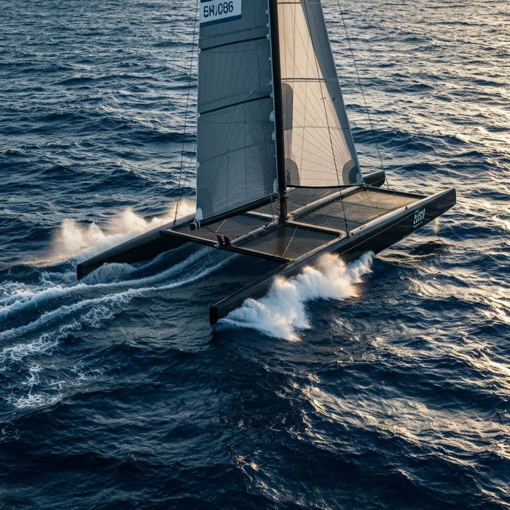 High-performance catamaran sailing at speed